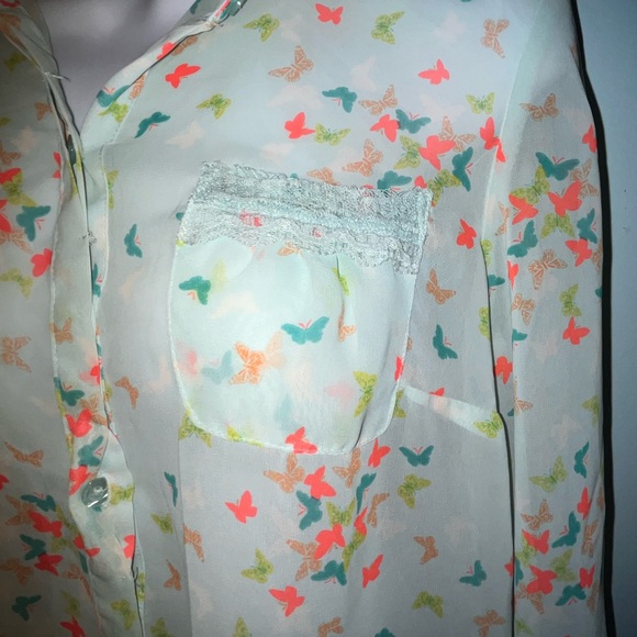 Candies Blouse Button Down Teal Sheer Multi Color Butterflies Size Small - Picture 6 of 11